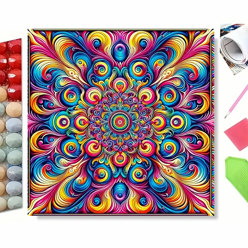 DIY 5D Diamond Painting Kit, Vibrant Swirl Mandala Art with Rich Rainbow‑colored Swirling Patterns, Boho Abstract Diamond Art, Home Wall Decor, Great Gift for Holiday & Housewarming