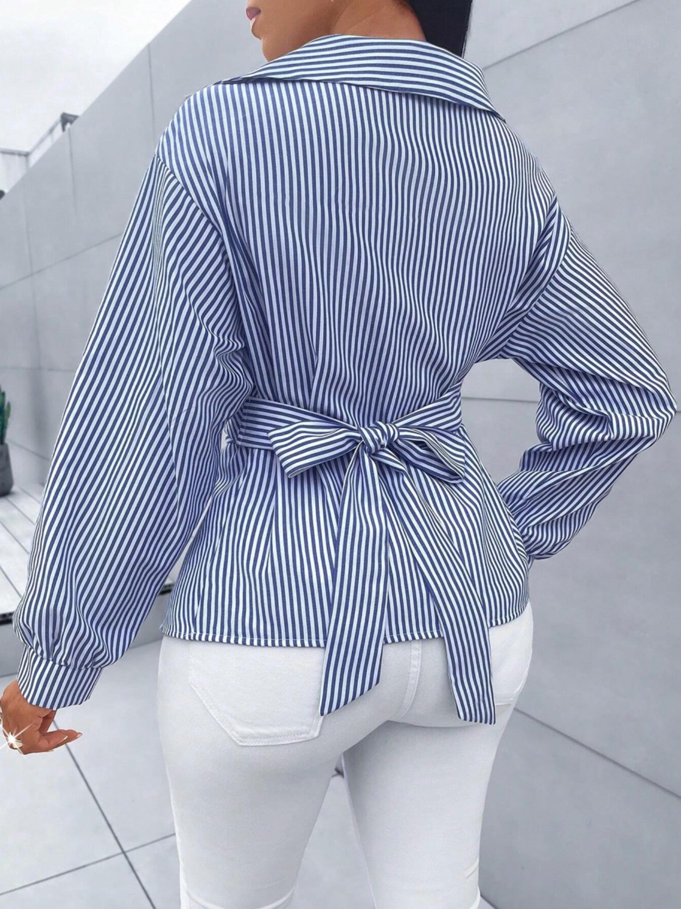 Women's Striped Print Button Front Collared Casual Shirt, Button Down Shirt,Asymmetrical Hem ,Wrap Blouse,Long Sleeve,Fitted,Elegant,Daily Commuting,Going Our,All Season