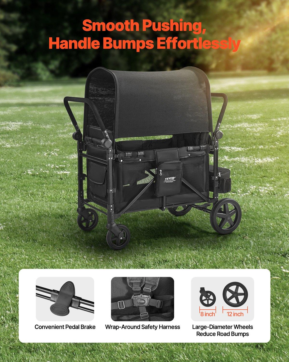 VEVOR Wagon Stroller for 4 Kids, Push Pull Quad Collapsible Stroller with Adjustable Handle, 5-Point Safety Harness & Removable Canopy, 4-Seater Stroller Wagon for Camping, Black (330LBS Loading) VEVOR Wagon Stroller for 4 Kids, Push Pull Quad Collapsible Stroller with Adjustable Handle, 5-Point Safety Harness & Removable Canopy, 4-Seater Stroller Wagon for Camping, Black (330LBS Loading)