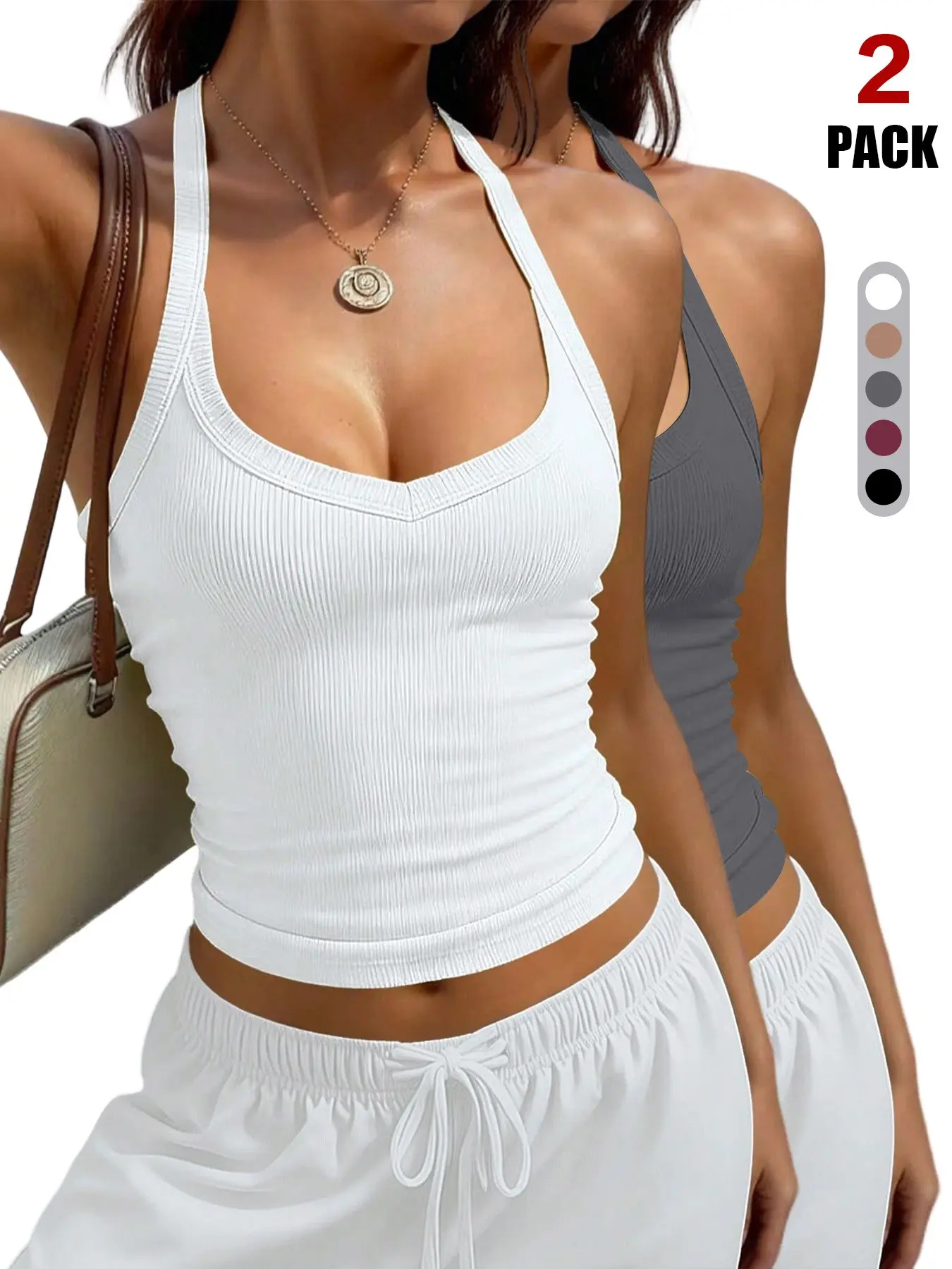 Women's 2 Pack Ribbed Halter Crop Tank Tops, V Neck Slim Fit Sleeveless Y2K Basic Layering Cami, Soft Stretch Solid Summer Daily Top