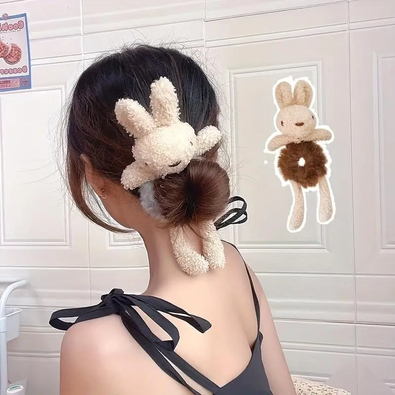 Female Soft Plush Animal Hair Ties - 4pcs Cute Rabbit Scrunchies with High Elastic Band, Ideal for Casual Hairstyles, Party Use (Sports & Outdoor Protective Gear Accessory)