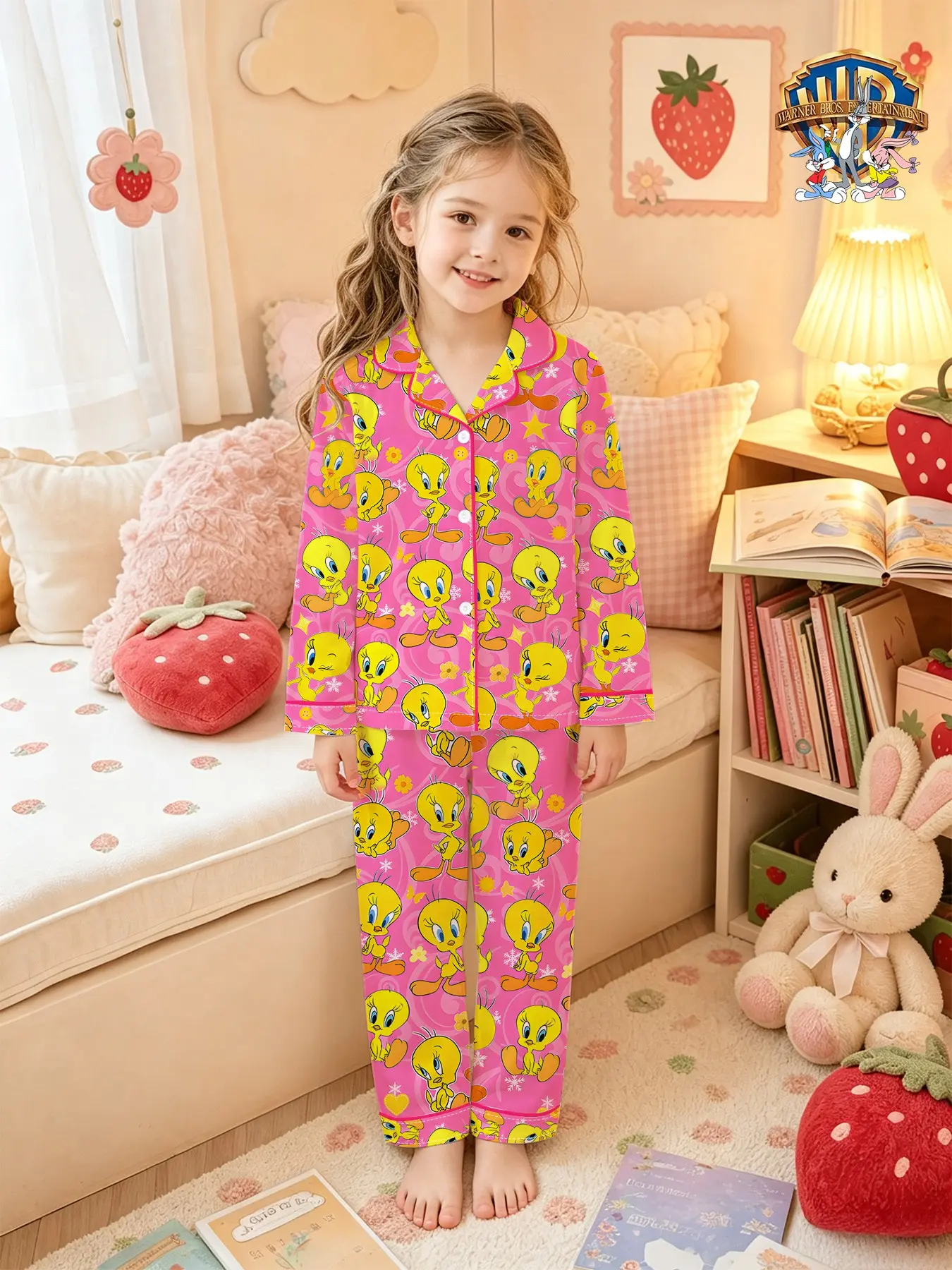 Warner Bros. Official Girls' Long Sleeve Sleepset, Looney Tunes Tweety, Cartoon Print, Breathable, Comfortable, Casual Home Wear