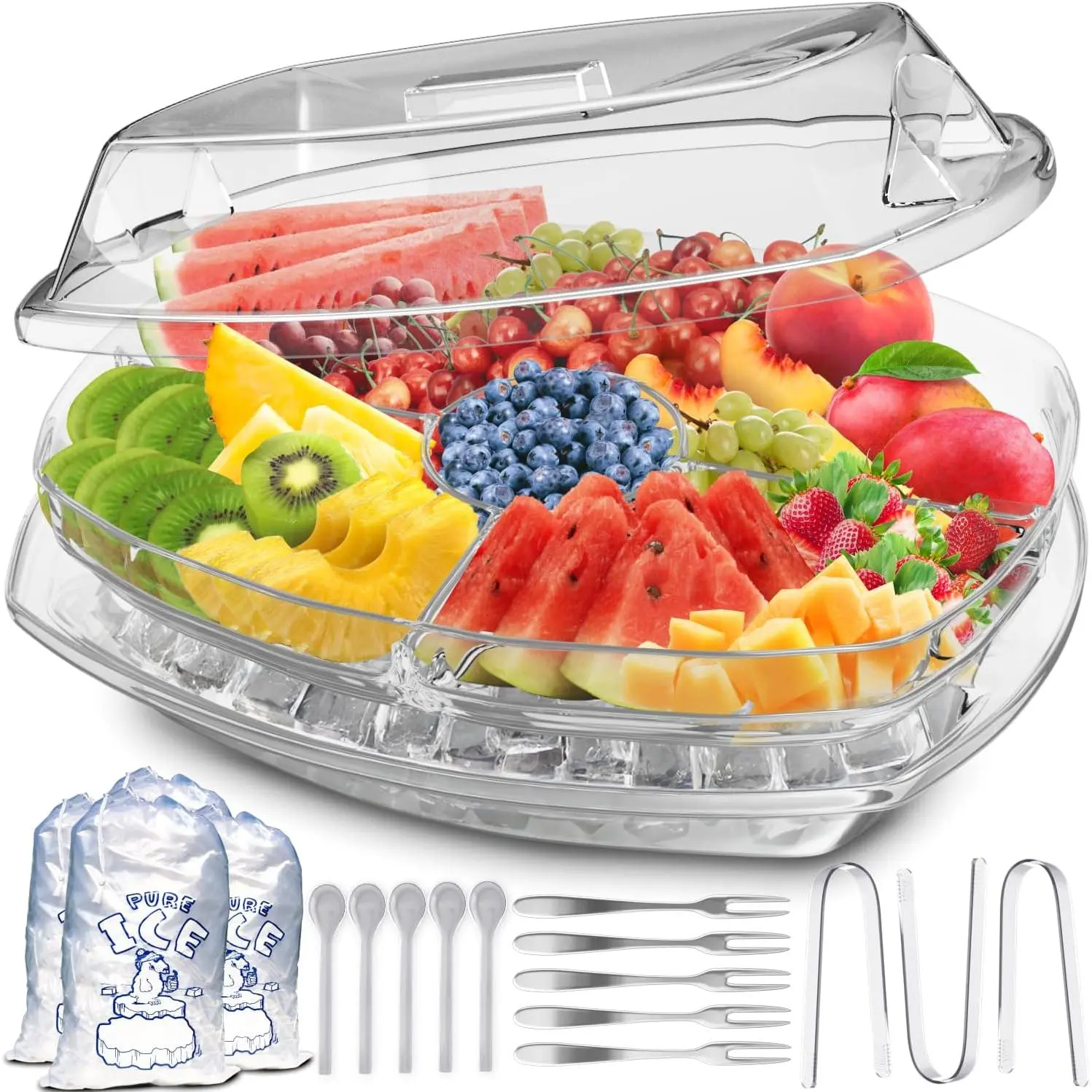Chilled Serving Tray for Parties - 15" Ice Chilled Party Platter w/Lid & Dip Holder - Functional Cold Dish w/ 4 Compartments -  for Fruits, Veggies, Shrimp  - Keeps  Cool