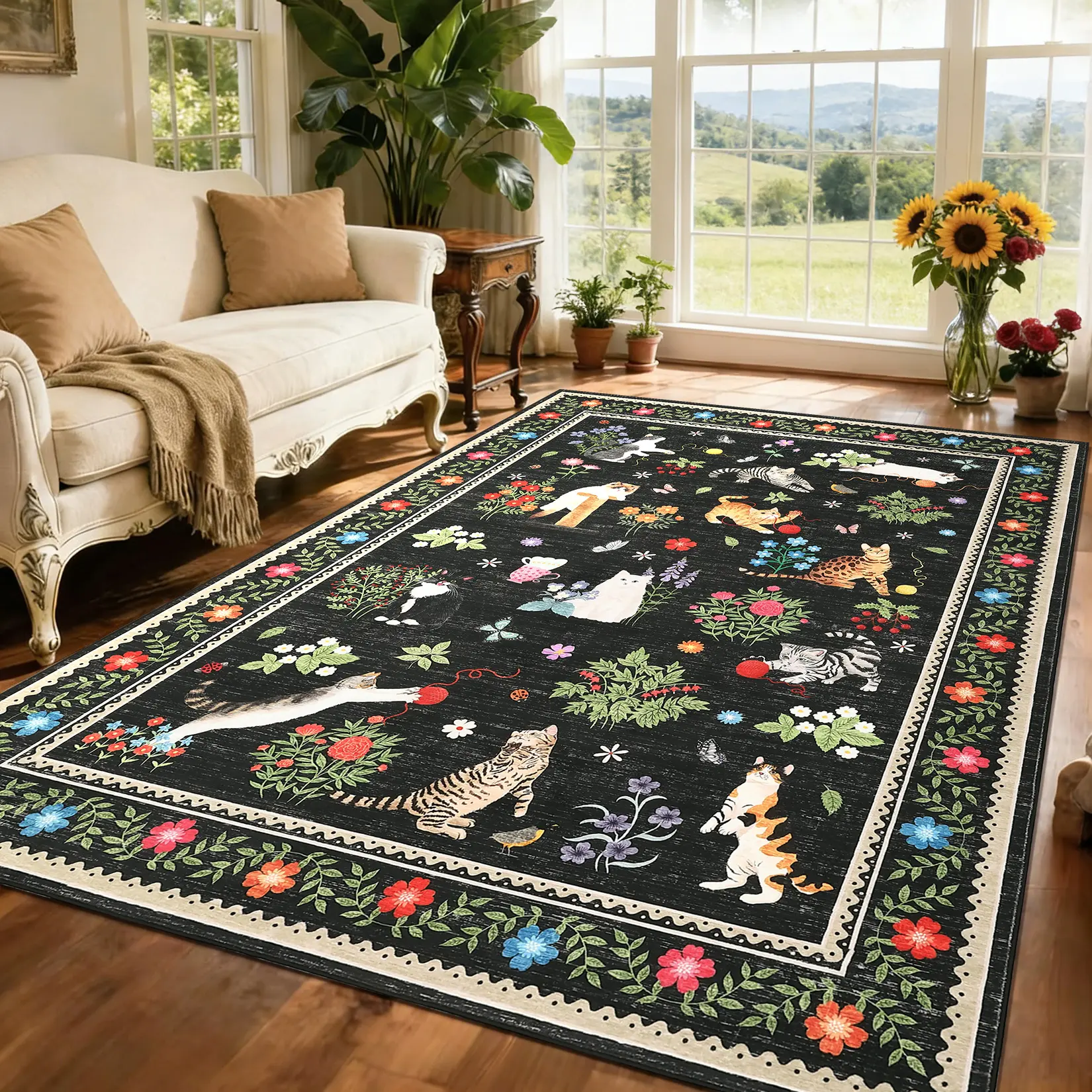 Machine Washable Large Living Room Rugs, Cute Animal Cat Print Nursery Rug with Non Slip Back Indoor Farmhouse Non Shedding Stain Resistant Area Rug for Girls Bedroom Dining Room Office