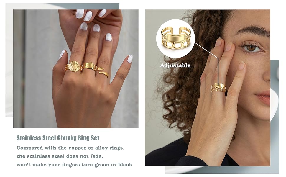 Besteel 18K Gold Plated Rings for Women, Stainless Steel Statement Rings Pack Stacking Boho Midi Rings Adjustable Open Ring Band Twisted Signet Rings Non Tarnish Gold Rings