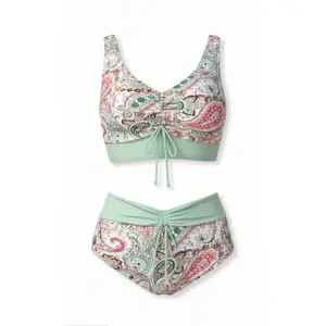 Women's Boho Paisley Print High Waist Bikini Set, V Neck Sleeveless Front Drawstring Ruched Crop Top Mint Green Contrast Band Two Piece Bathing Suit, Vintage Ethnic Floral Stretch Swimwear for Beach Pool Summer Resort Vacation Outfit