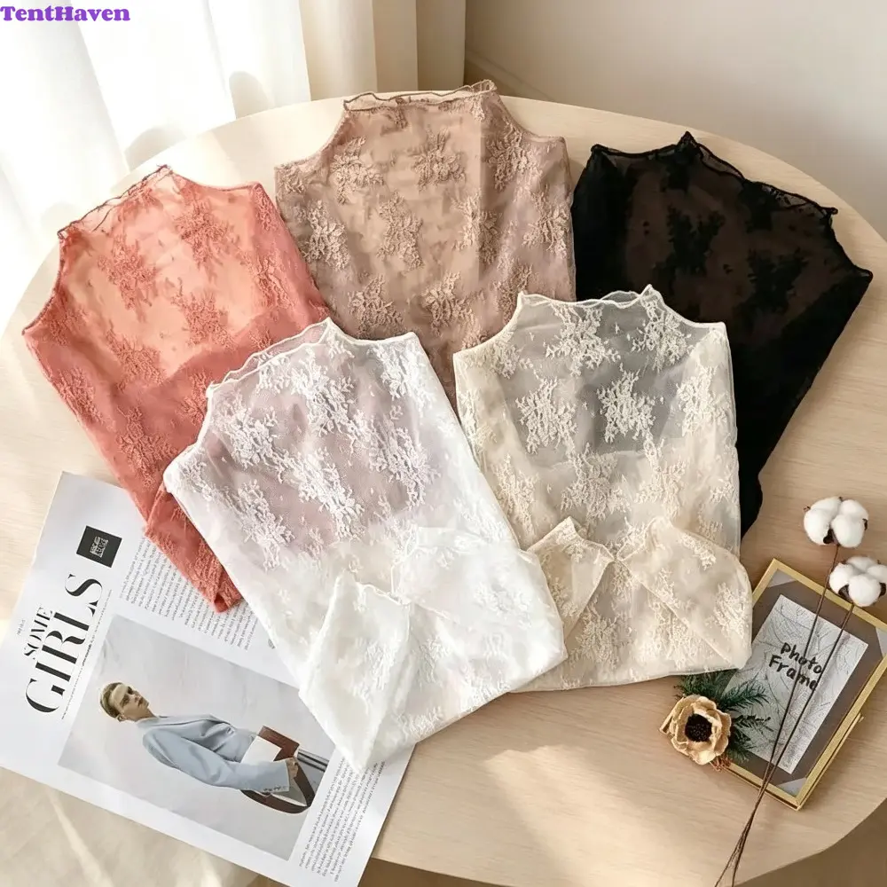 3-Pack Tops for Women (Black, White & Coffee), Sheer Floral Embroidered Lace Long Sleeve Mock Neck Blouse, See Through Mesh Layering Top, Y2K Elegant Lace Undershirt, Hollow Out Floral Lace Shirt, Casual Sheer Cover Up, Slim Fit Long Sleeve Lace Blouse