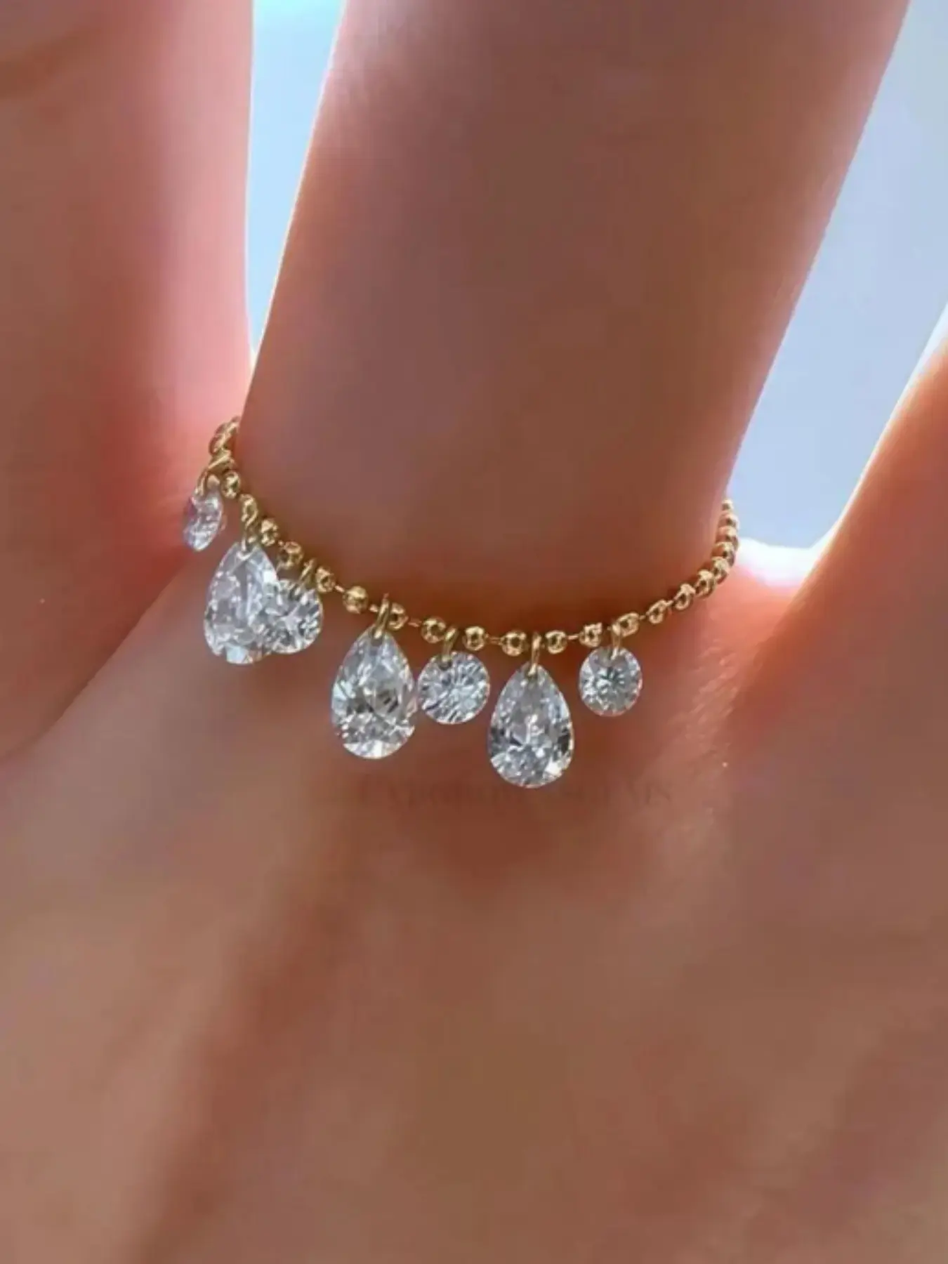 14k Tiny Beaded Thin Flexible Chain Ring, Teardrop & Round Cz Dangles, Elegant Stackable Wedding Jewelry for Women
