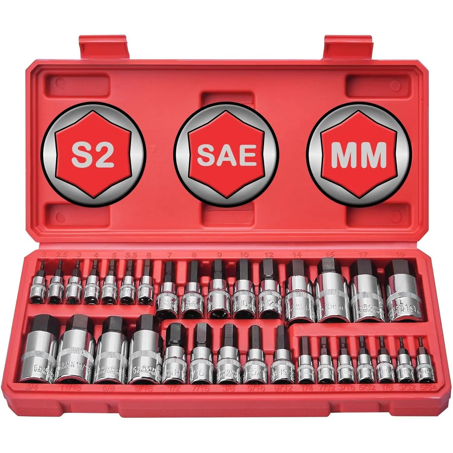 Master Hex Bit Socket Set 32-Pcs, Allen Socket Set, 1/4'', 3/8"& 1/2'' Hex Drive Sockets, SAE & Metric, S2 Alloy Steel Combine with Cr-V, 5/64" to 3/4", 2mm to 19mm-