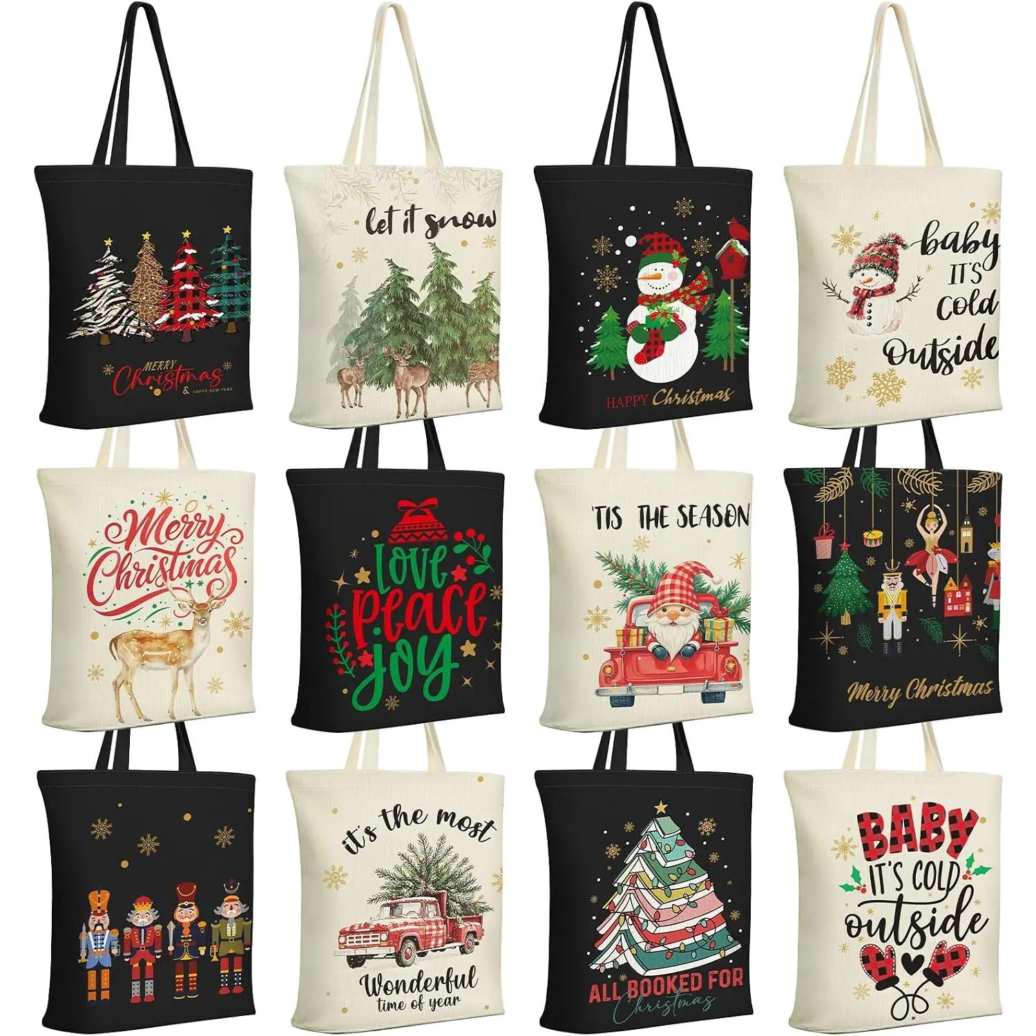 12 Pack Christmas Tote Bags with Pockets,  Canvas Holiday  Bags