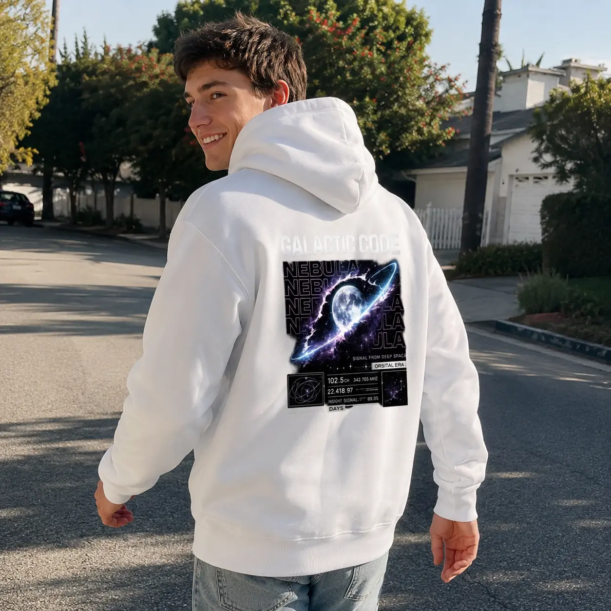 Men’s Galactic Code Nebula Graphic Hoodie – White Pullover Sweatshirt with Futuristic Space Back Print