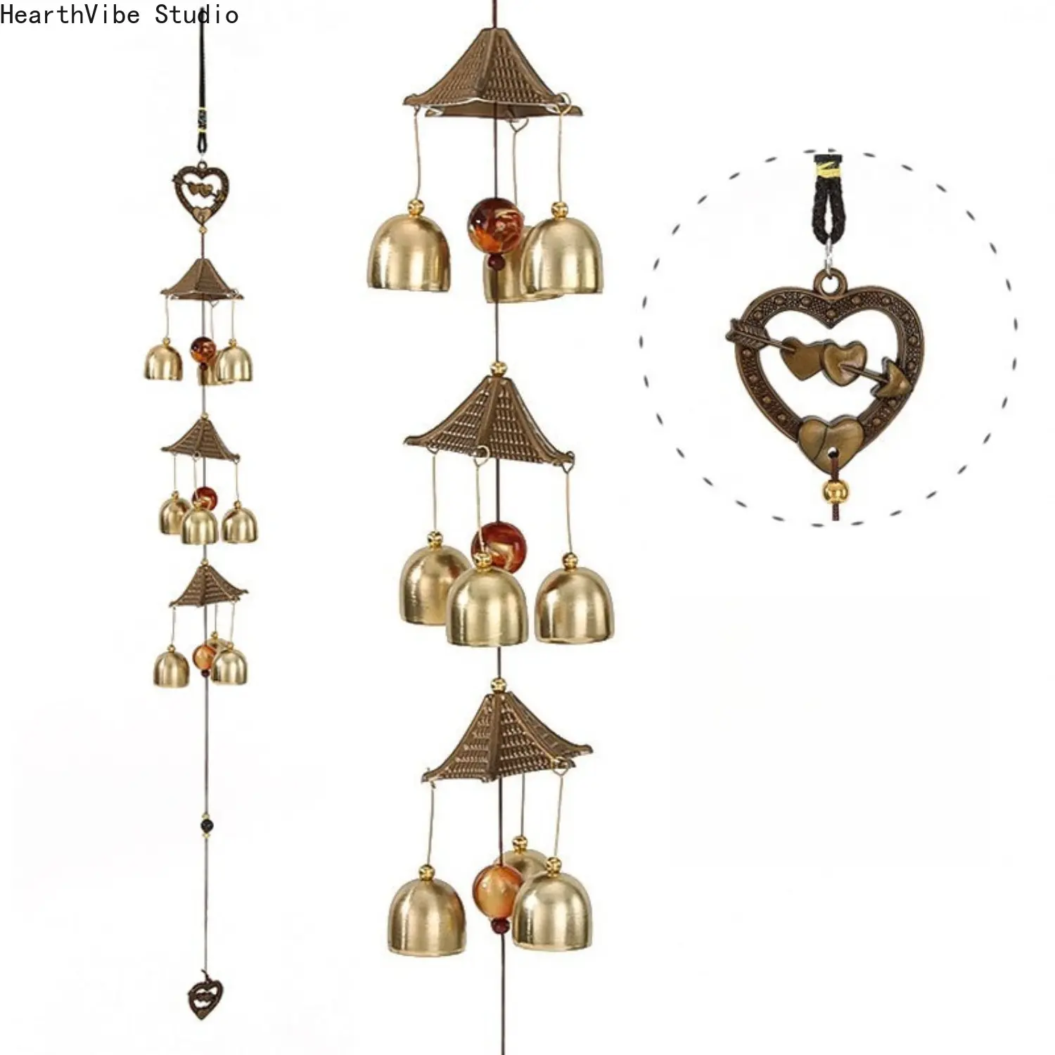 Vintage Brass Wind Chimes with 3 Layer Pagoda Roof, Heart Cupid Arrow Metal Hanging Bells, Lucky Blessing Memorial Windchime for Garden Patio Outdoor Home Decor, Aesthetic Birthday Housewarming Gift