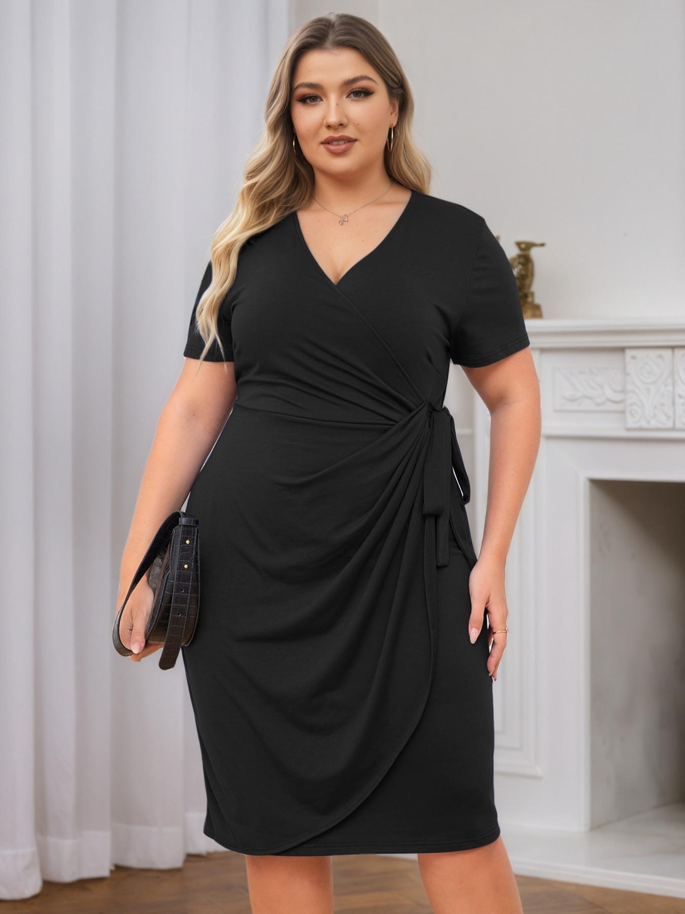 Plus Size Slim Fit Mid-Length Knit Dress, Casual V Neck Short Sleeve High Waist Summer Dress with Belt, Soft Comfortable Women's Clothing