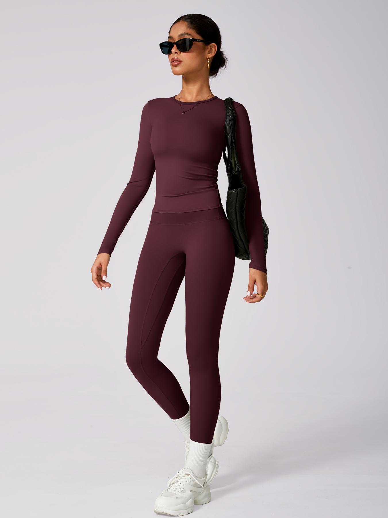 Women's Solid Long Sleeve Tee & High Waist Leggings Tracksuit Set, Sporty Round Neck Top & Skinny Pants Outfits for Gym Workout Running, Ladies Fall & Winter Sportswear, Yoga Tracksuit Set