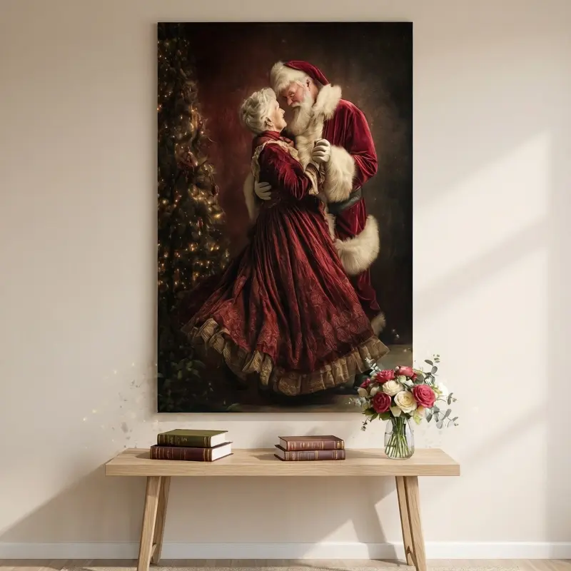 1pc Santa and Mrs. Claus Dancing Framed Canvas Painting - Contemporary Christmas Wall Art, Wrapped Wood Frame Holiday Decor for Living Room, Bedroom - Unique Gift for Christmas for Him or Her, Art Lovers Home Decoration, 2D Flat, Perfect for Room