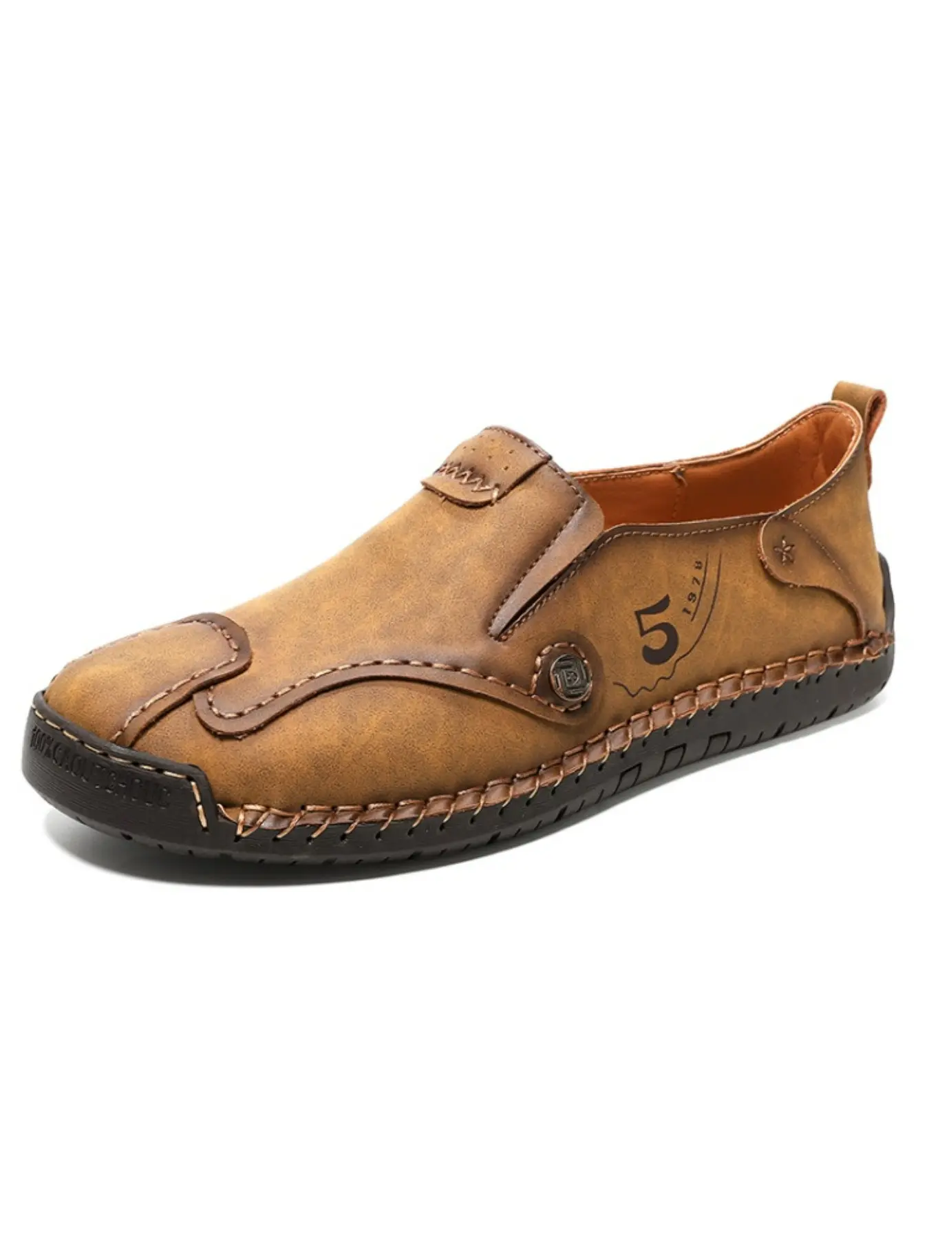 Men's Hand-Stitched Slip-On Leather Shoes, Anti-Slip Rubber Sole, Casual Driving Shoes, Vintage Loafers, Outdoor Walking Shoes