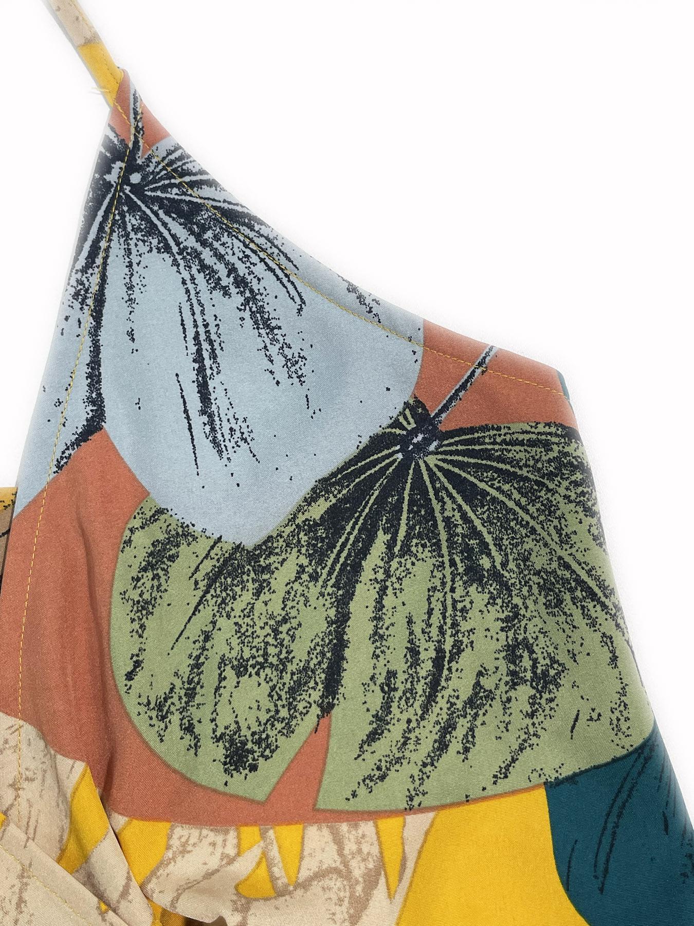 Women's Tropical Print Split Thigh Dress, Backless Hollow Out Design, Summer Vacation Perfect, Fitted Sleeveless Bohemian Boho Style