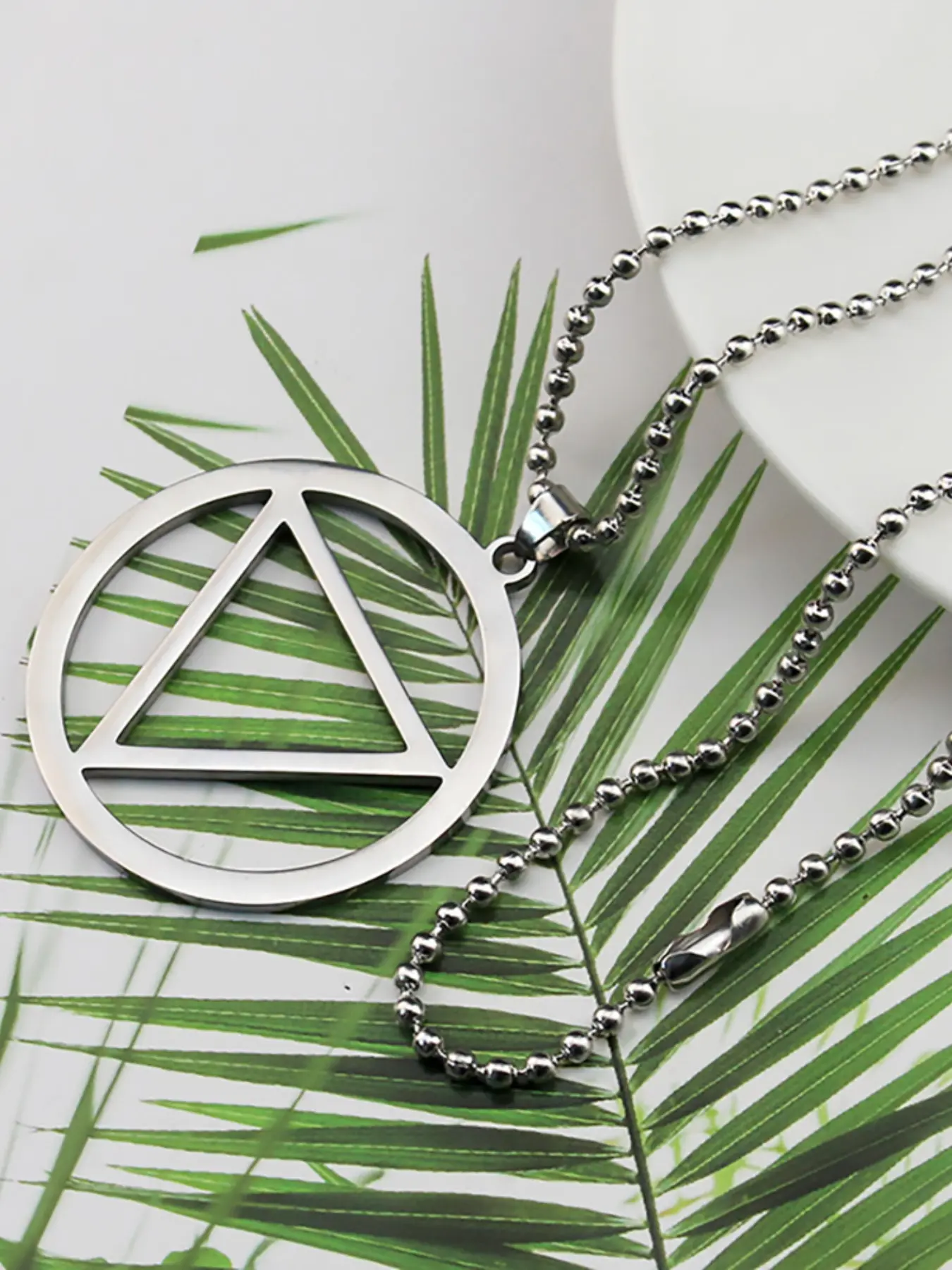 Circular Hollow Inverted Triangle Titanium Necklace, Mirror Polished Silver Color Pendant, Minimalist Geometric Design, Unisex Fashion Accessory