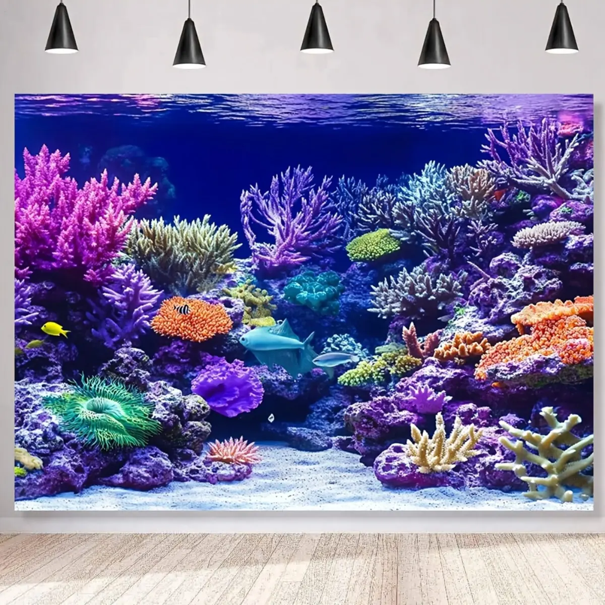1-Piece Realistic 3D Underwater Scene Coral Reef & Fish Large Aquarium Backdrop Cloth - Clownfish Theme Party Banner with Marine Life (Tortoises, Angelfish), Easy Installation for Anniversary, Birthday Events, One-Piece
