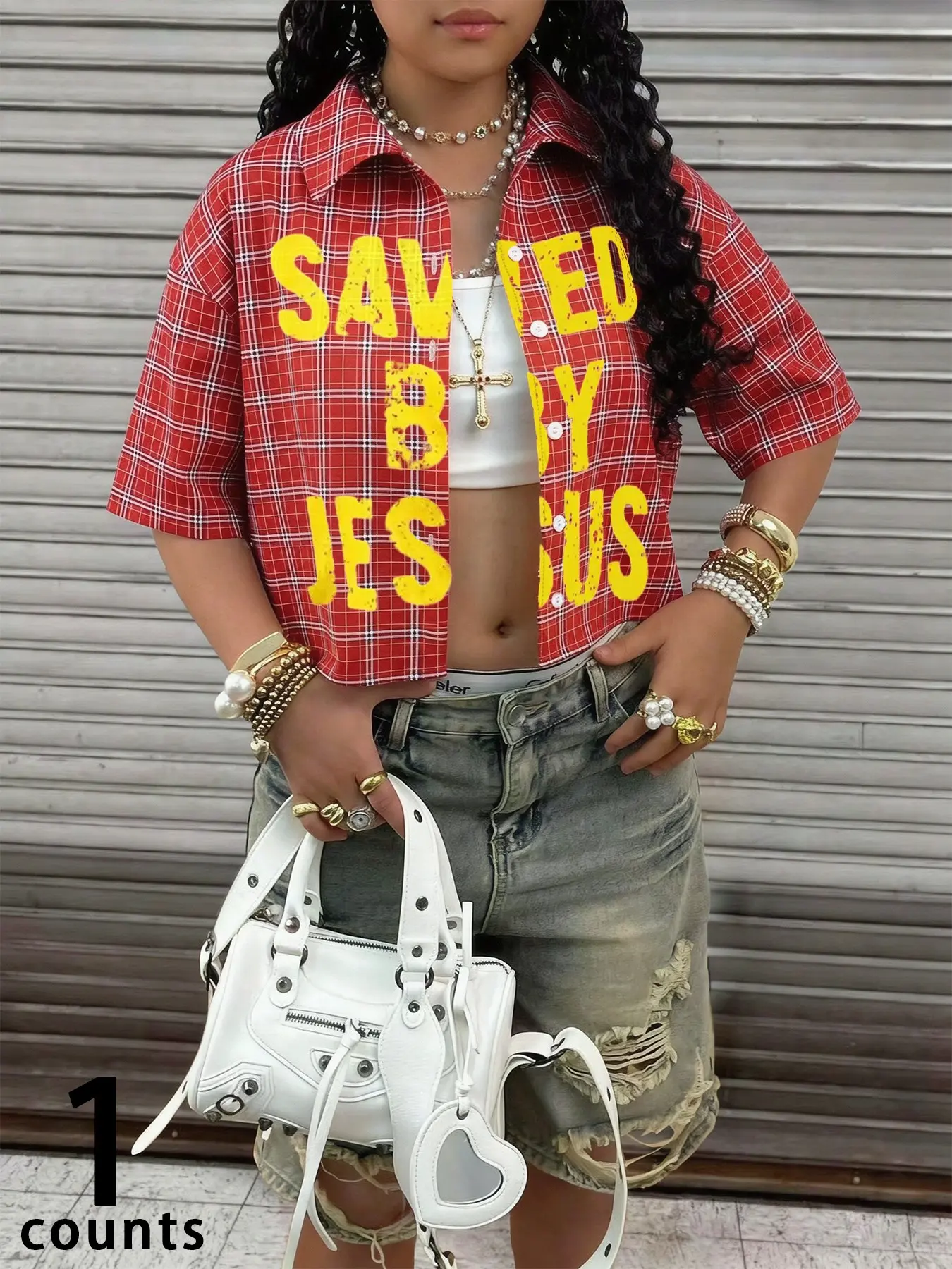 Women's Red Plaid Short-Sleeve Cropped Shirt With Yellow Letter Print, Loose Casual Button-Down Top, Perfect For Street-Style Looks And Daily Outings