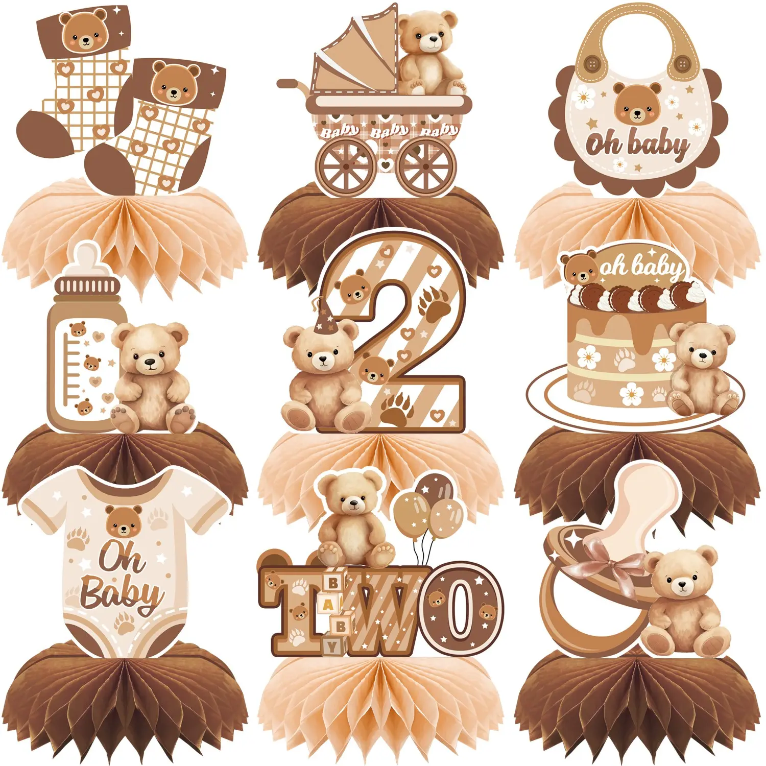 9pcs Bear Baby Shower & 2nd Birthday Honeycomb Centerpieces, Boho Bear Table Decorations, Gender Reveal, Second Birthday Party, Decorative Table Centerpieces