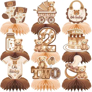 9pcs Bear Baby Shower & 2nd Birthday Honeycomb Centerpieces, Boho Bear Table Decorations, Gender Reveal, Second Birthday Party