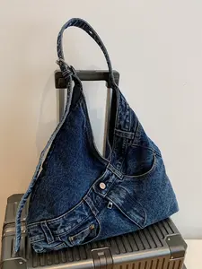 Vintage Denim Tote Bag, Large Capacity Adjustable Shoulder Crossbody Bag, Retro Distressed Denim Travel Bag, Women's Commute Shopping Trip Leisure Handbag