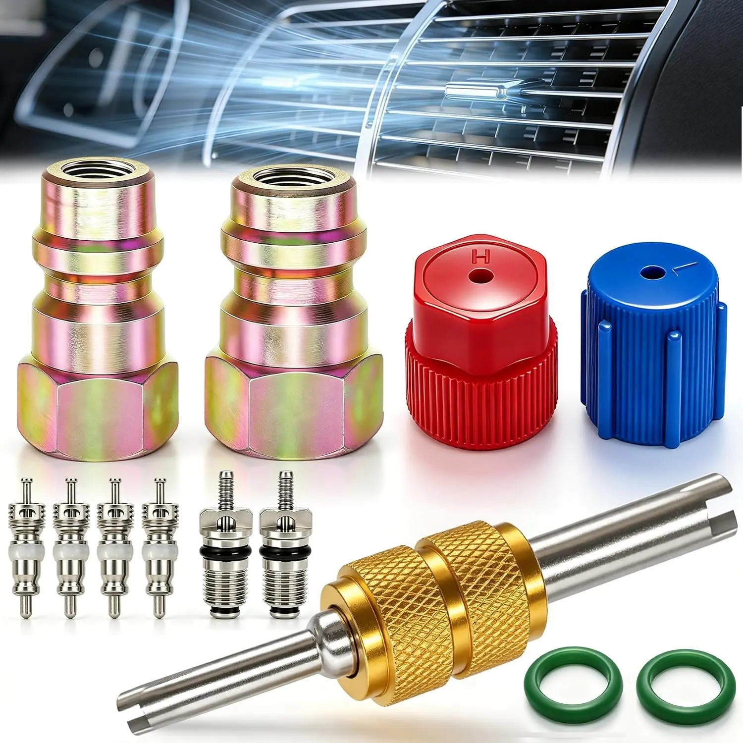 11 count R12 to R134A Conversion Kit,R12 R22 to R134A High/Low Fittings Port with 1/4’’to 7/16"-20 UNF Connection,AC  Fitting Adapter Kit for AC Air Conditioner Refrigerant System