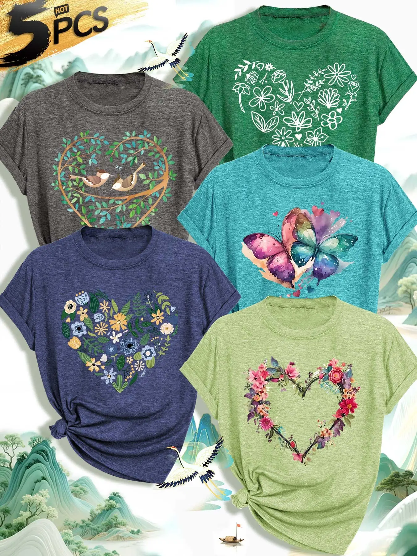 Five-Piece Women's Round Neck T-Shirts, Floral Heart Print, Bird & Butterfly Design, Soft Casual Tops, Spring Summer Wear