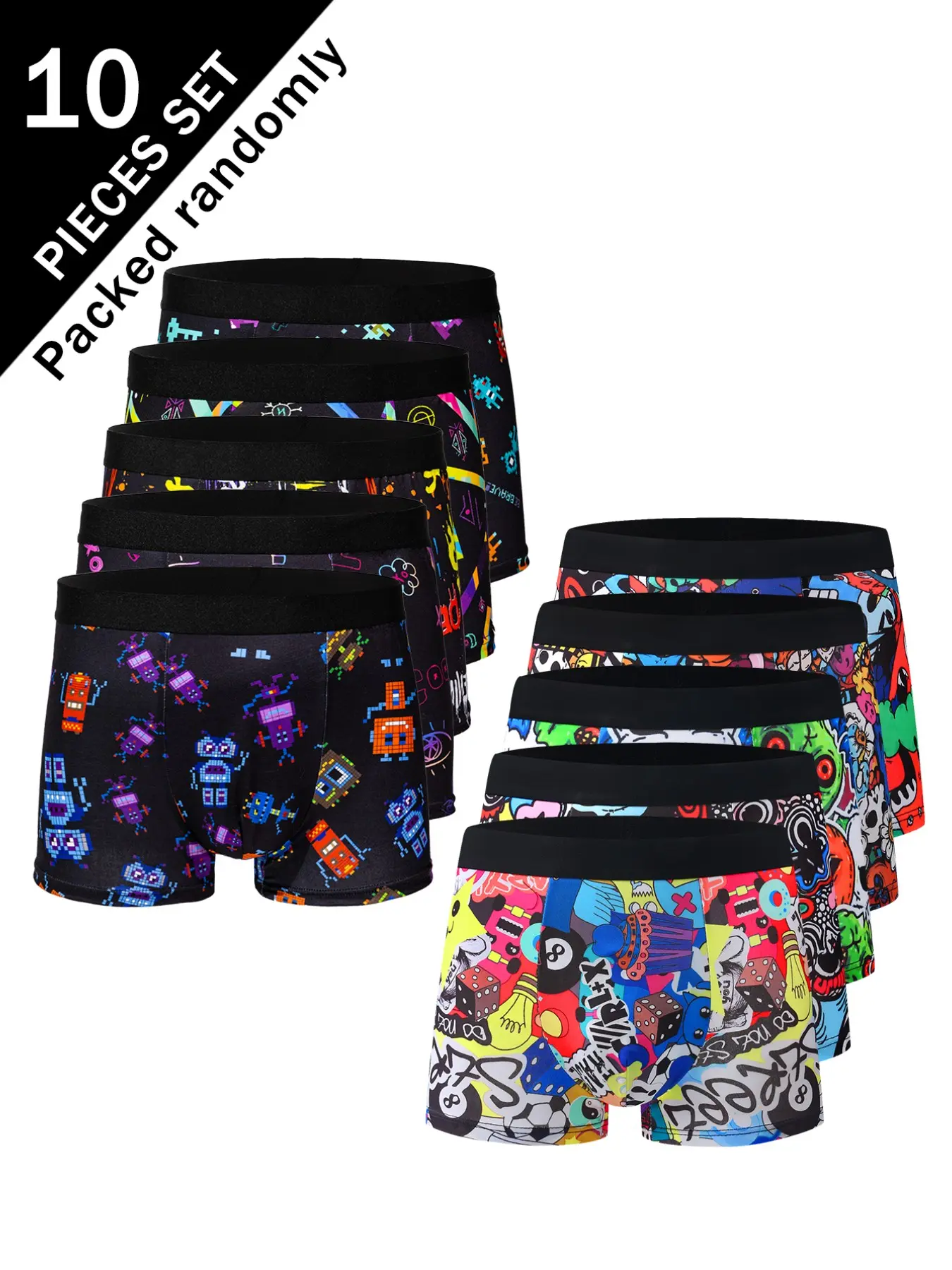 10-Pack Cool Robot Graffiti Men's Boxer Briefs, Soft Skin-Friendly High Elastic Waist, Casual Colorblock Trunks, Youthful Cartoon Style