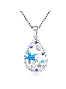Waterdrop Opal Pendant Necklace with Blue Starfish and Seashells,Silver Plated Ocean Jewelry, Beach Ocean Theme Gift for Women