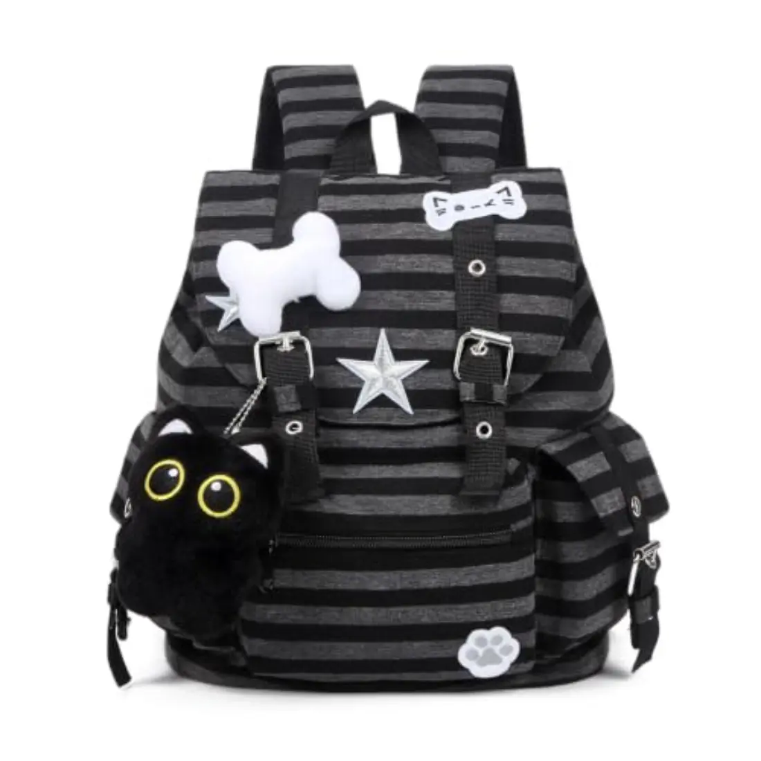 Cute Y2K Striped Backpack for Women, Kawaii Coquette Style Laptop Bag with Cat Charm, Aesthetic School Backpack, Lightweight Casual Daypack for College, Travel, Shopping & Daily Use