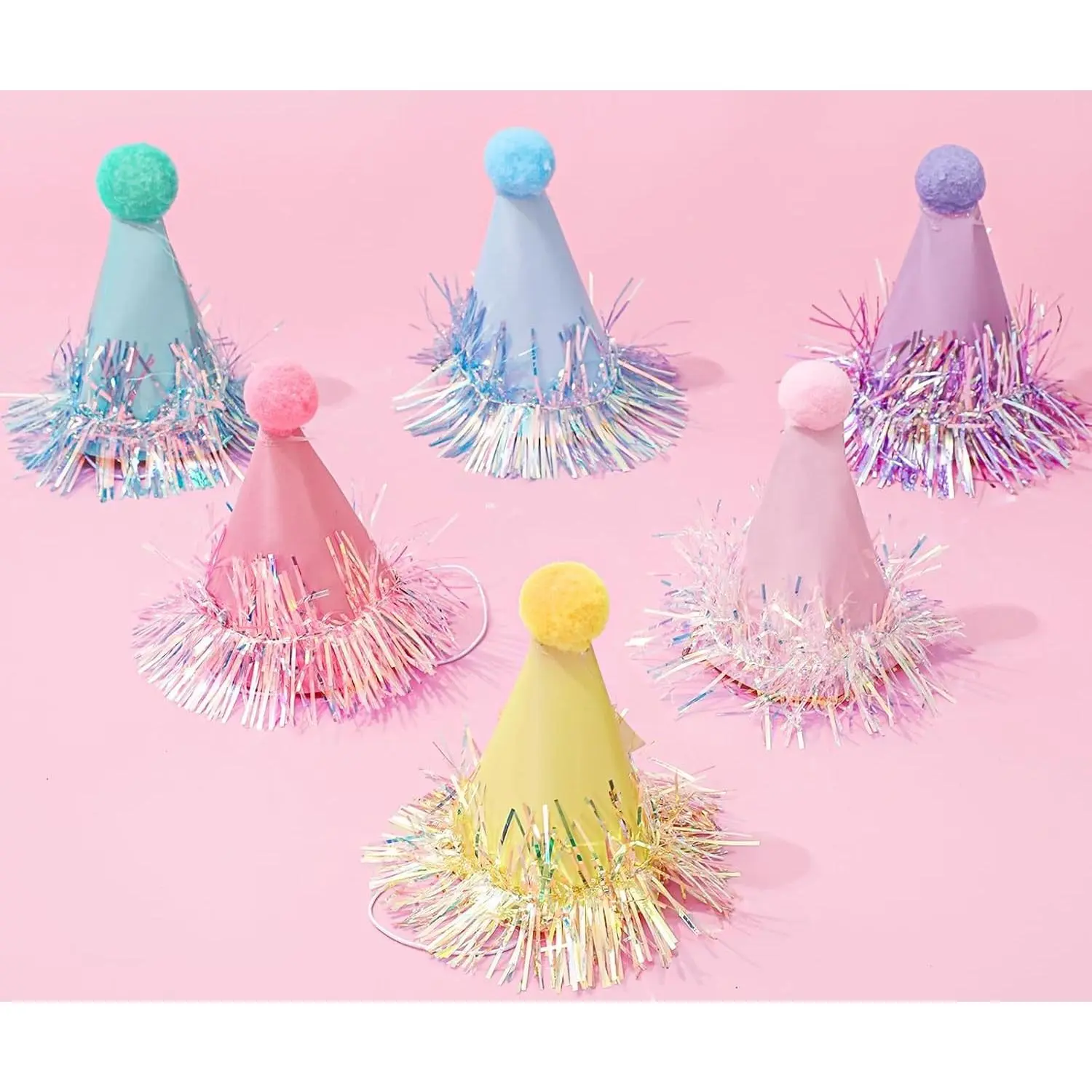 Whaline 24 Pcs Iridescent Foil Mini Birthday Party Hats with Pom Poms, Colorful Paper Cone Hats for Photo Props