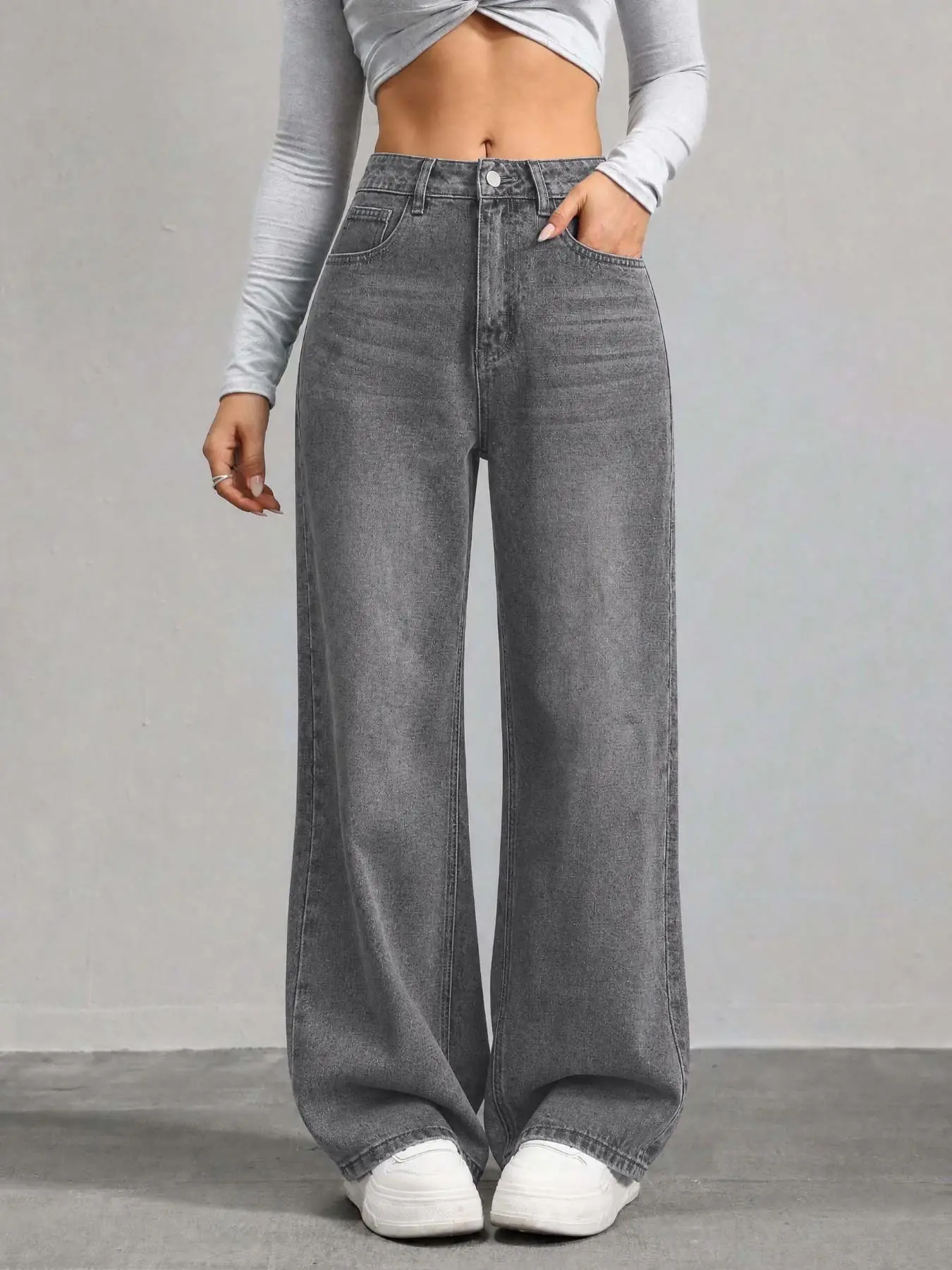 Y2K American Vintage Mid-Waist Faded Baggy Wide-Leg Jeans, Tall Women's Plus Size Casual Straight Leg Pants, Comfortable Long Trousers