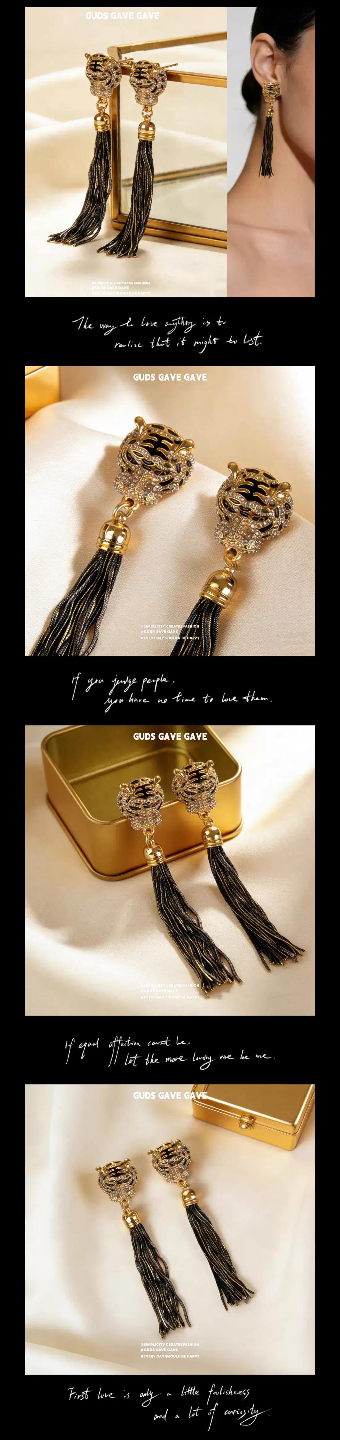 GUDS GAVE Exaggerated Tiger Head Long Vintage Shoulder Duster Earrings | Luxury High-End Temperament Ear Jewelry