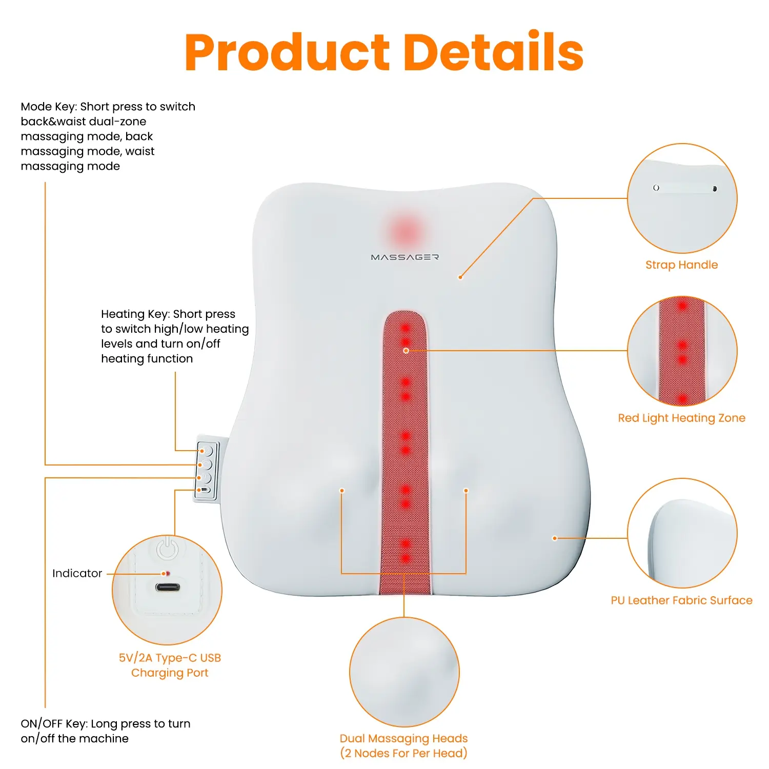 Shiatsu Back Massager 3D Deep Tissue Kneading Massage Pillow Cordless USB Rechargeable With 3 Massaging Modes 2 Heating Levels 10Mins Auto-Off For Back Shoulder Waist Lumbar No Chair