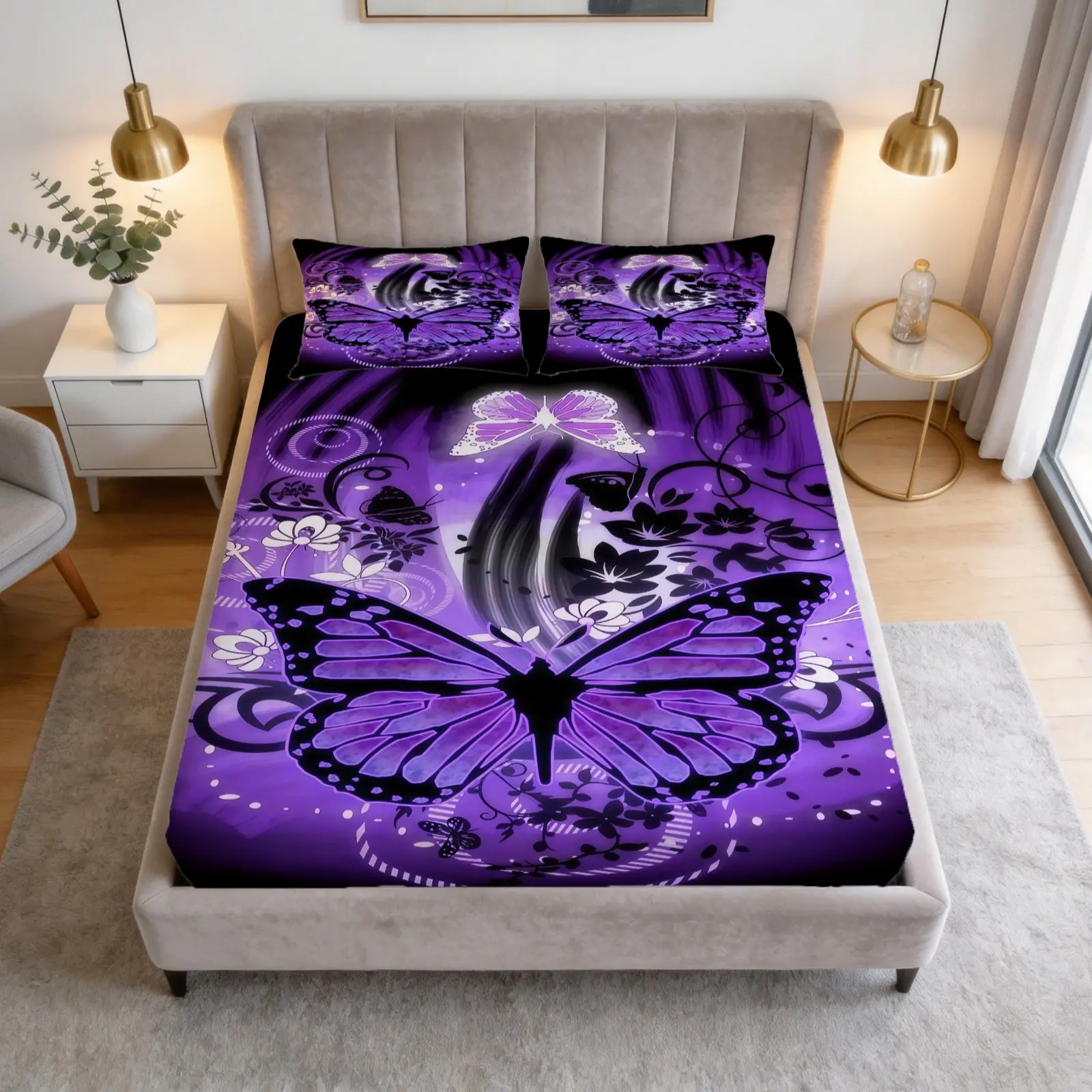 Purple Brilliant Butterfly Print Pattern Bed Sheet Set, 1 Bed Sheet With 2 Pillowcases (Excluding Pillow Core), Available In Multiple Colors, Suitable For Bedrooms, Dormitories, And Guest Rooms, Suitable As Gifts And Decorations