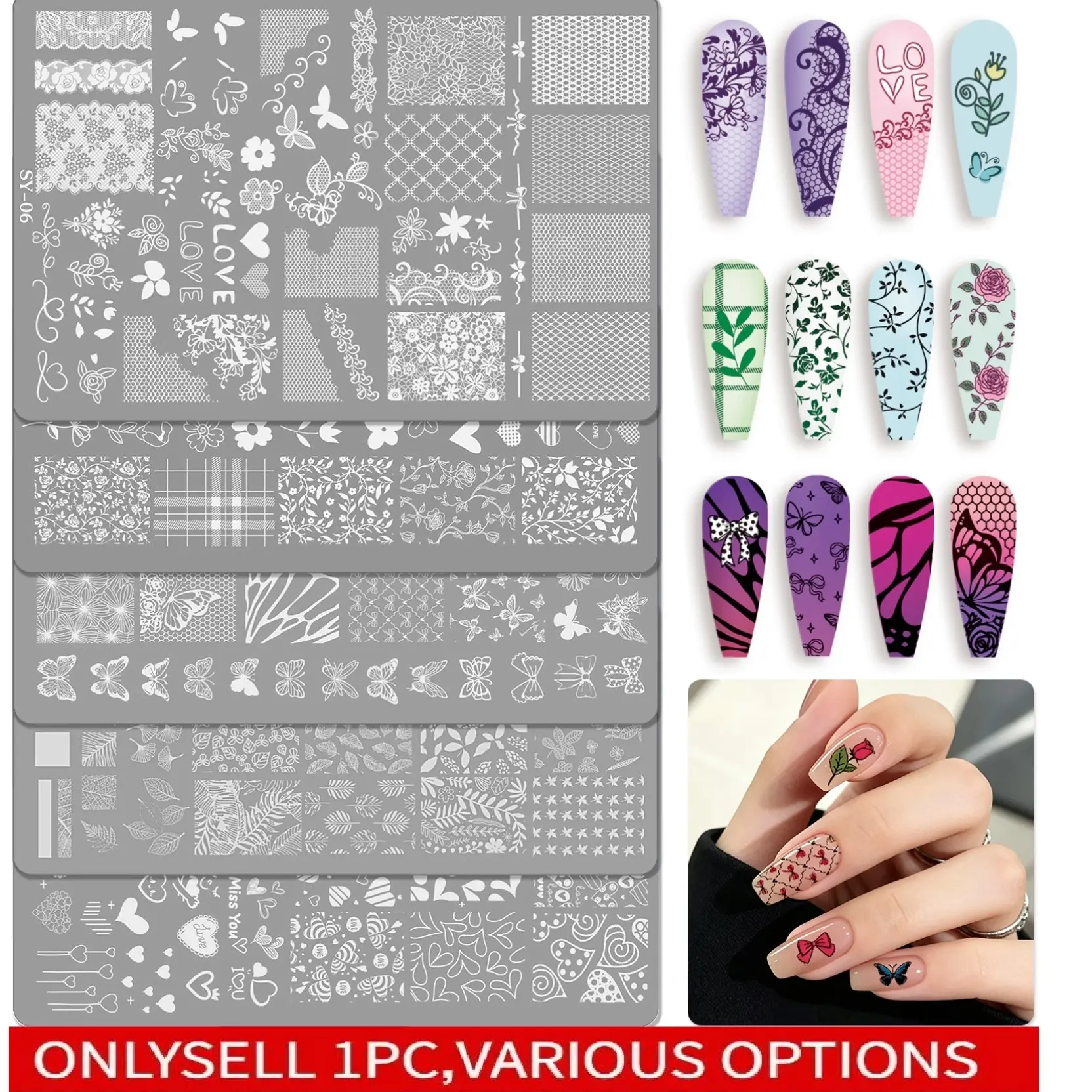 1PC Stainless Steel Nail Art Stamping Plates, Floral Butterfly Lace Skull Abstract Line Nail Art Stencil Templates, Reusable Manicure Transfer Stencils for Salon & Home DIY Nail Decoration
