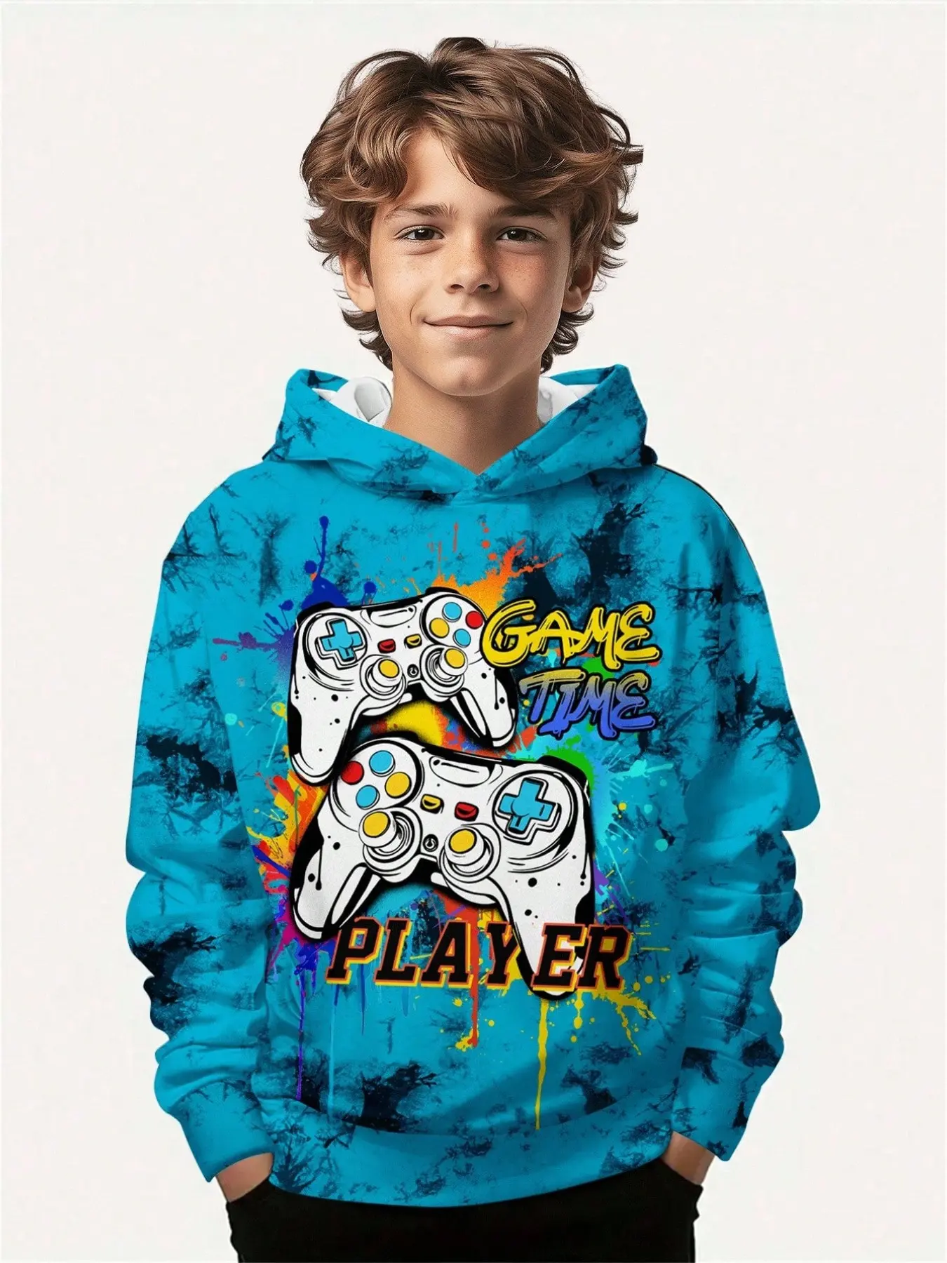Boys' Hooded Pullover Sweatshirt, Gaming Controller Graffiti Tie-Dye, Youth Casual Colorblock Long Sleeve Top, Winter Loose-Fit Clothing