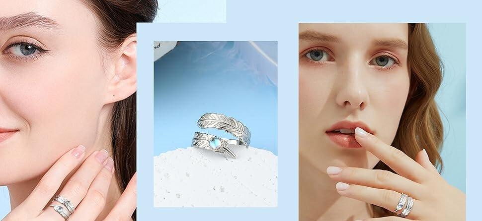Adjustable 925 Sterling Silver Rings for Women Trendy Feather Thumb Rings for Women Open Moonstone Angel Wings Ring for Girls Kids Jewellery Gifts