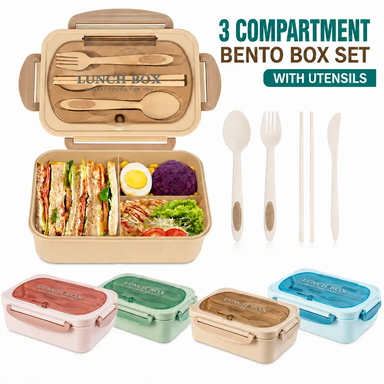 MIUVA Bento Box for Adults 3 Compartment Lunch Box Set with Utensils Microwave Friendly Dishwasher Friendly Meal Prep Food Container for Work School Travel