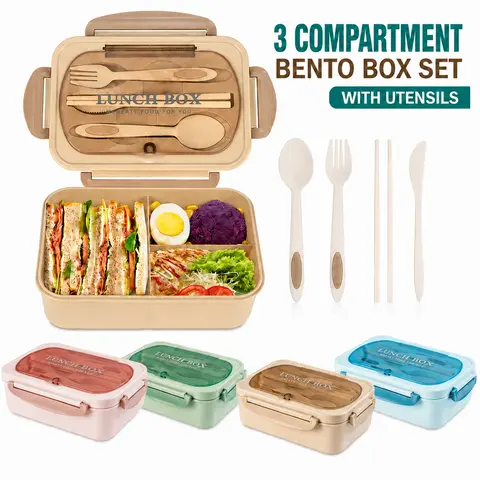 MIUVA Rectangular Thermal 3-Compartment Insulated ABS Plastic Bento Box Set for Adults, Reusable Lunch Box with Lid, Utensils & Tableware, Microwave & Dishwasher Friendly, Meal Prep Organizer for Work, Fruit-Compatible Rustic Container