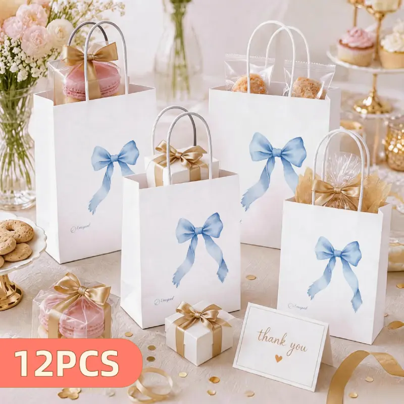 Set of 12 Elegant Wedding Favor Gift Bags with Blue Watercolor Bow Pattern and Sturdy Handles, Suitable for Bridal Gift Giving to Party Guests, Size 15X8X 21cm