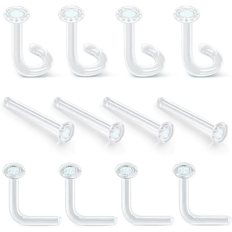 12 count Flat Top Glass Retainers Set with O-Rings,Nose Stud 16G 18G