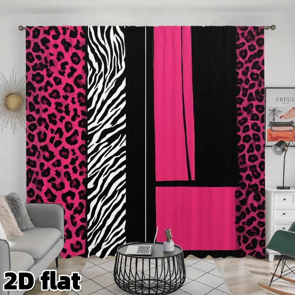 2D Flat 2Pcs Leopard Zebra Print Curtains Hot Pink Black White Striped Pattern Rod Pocket Panels Modern Animal Design Polyester Fabric Semi Sunshade for Living Room Bedroom Balcony Window Treatment Decor