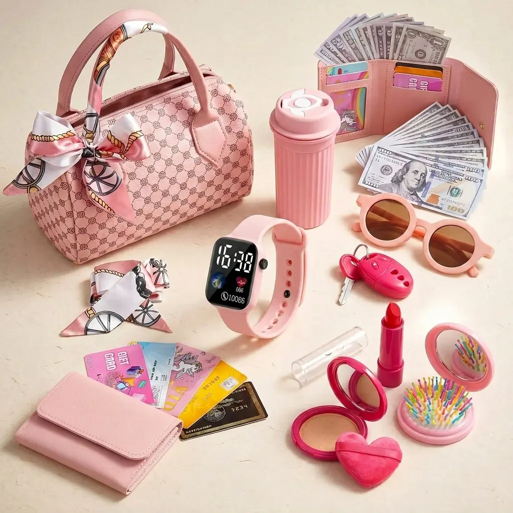 Play Purse for Little Girls, 31PCS Toddler Purse with Pretend Makeup for kids, Princess Toys includes Handbag, Phone, Wristwatch, Silk Scarf Kids Toy Purse Birthday Gift for Girls 3 4 5 6 +