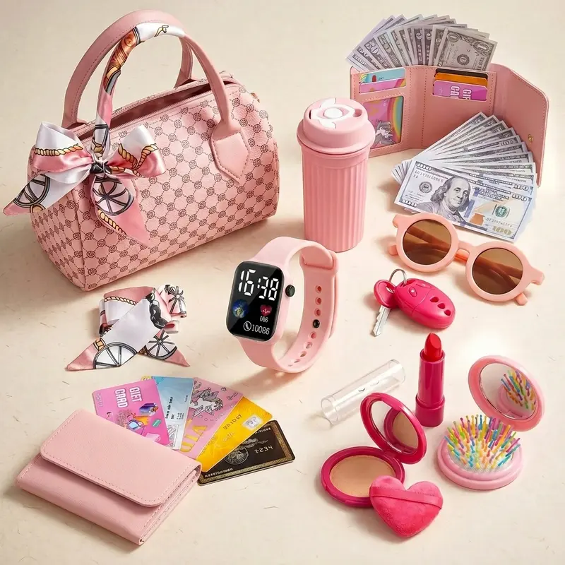 31PCS Princess Theme Soft Leather Play Purse for Little Girls - Role Playing Accessories, Pretend Makeup, Handbag, Toy Phone, Wristwatch, Silk Scarf, Water Bottle, Car Keys, Bank Cards - Birthday Gift for Ages 3-6+ (Develops Social Skills)