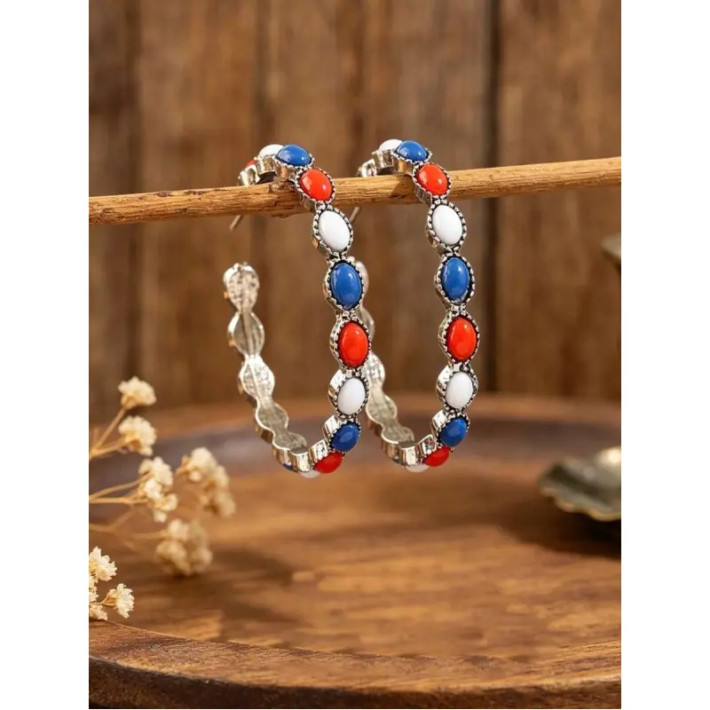 Retro 90s American Flag C-Hoop Earrings for Women, Lightweight Multicolor Zinc Alloy Jewelry with Rhinestone Bling for Independence Day