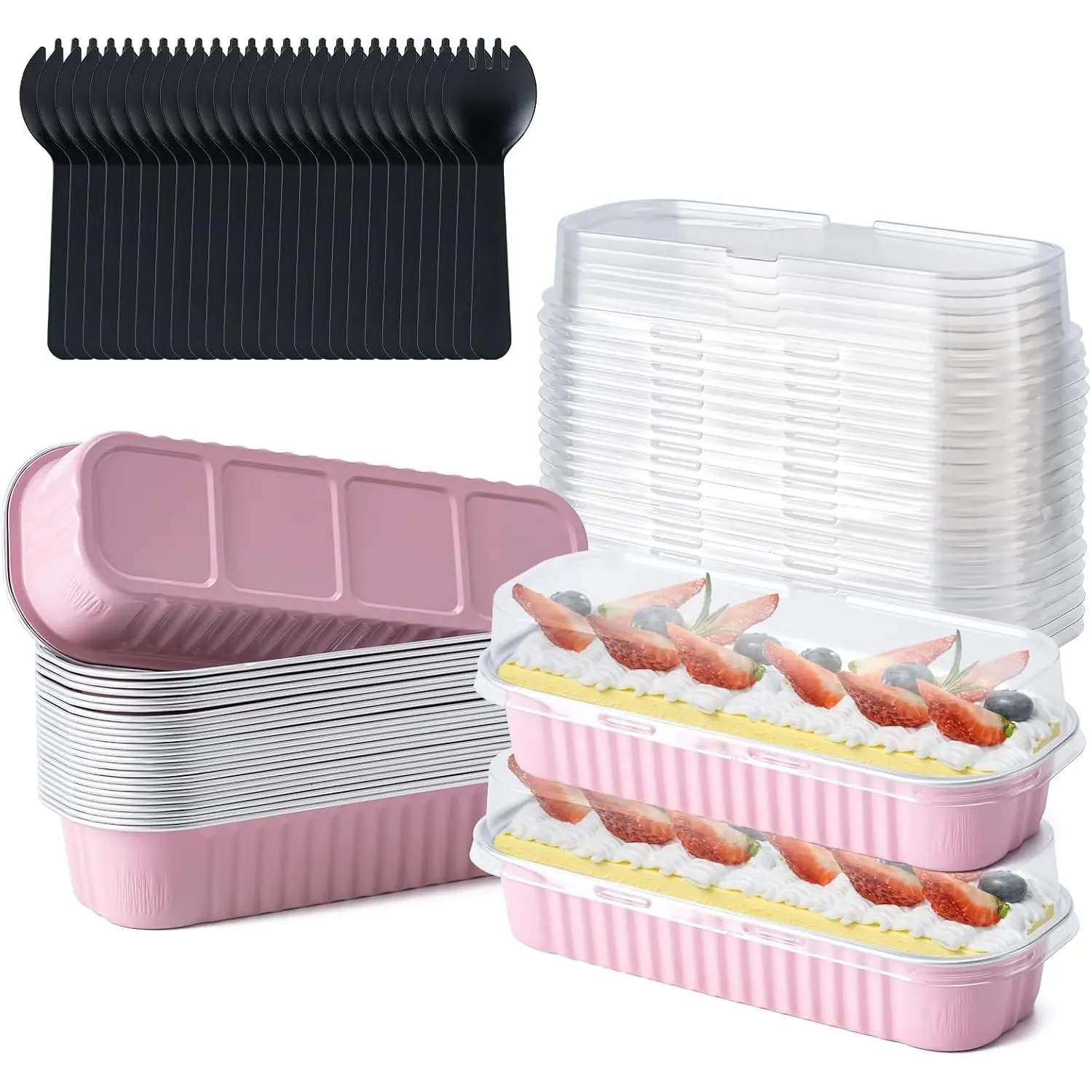 Mini Loaf Pans with  and Spoons, Rectangle Cake Pans, Baking Containers | 25 Pack, 6.8oz, ,  Foil Material, Cupcake Containers, Disposable Creme Brulee Ramekins, Dessert Pans for Party