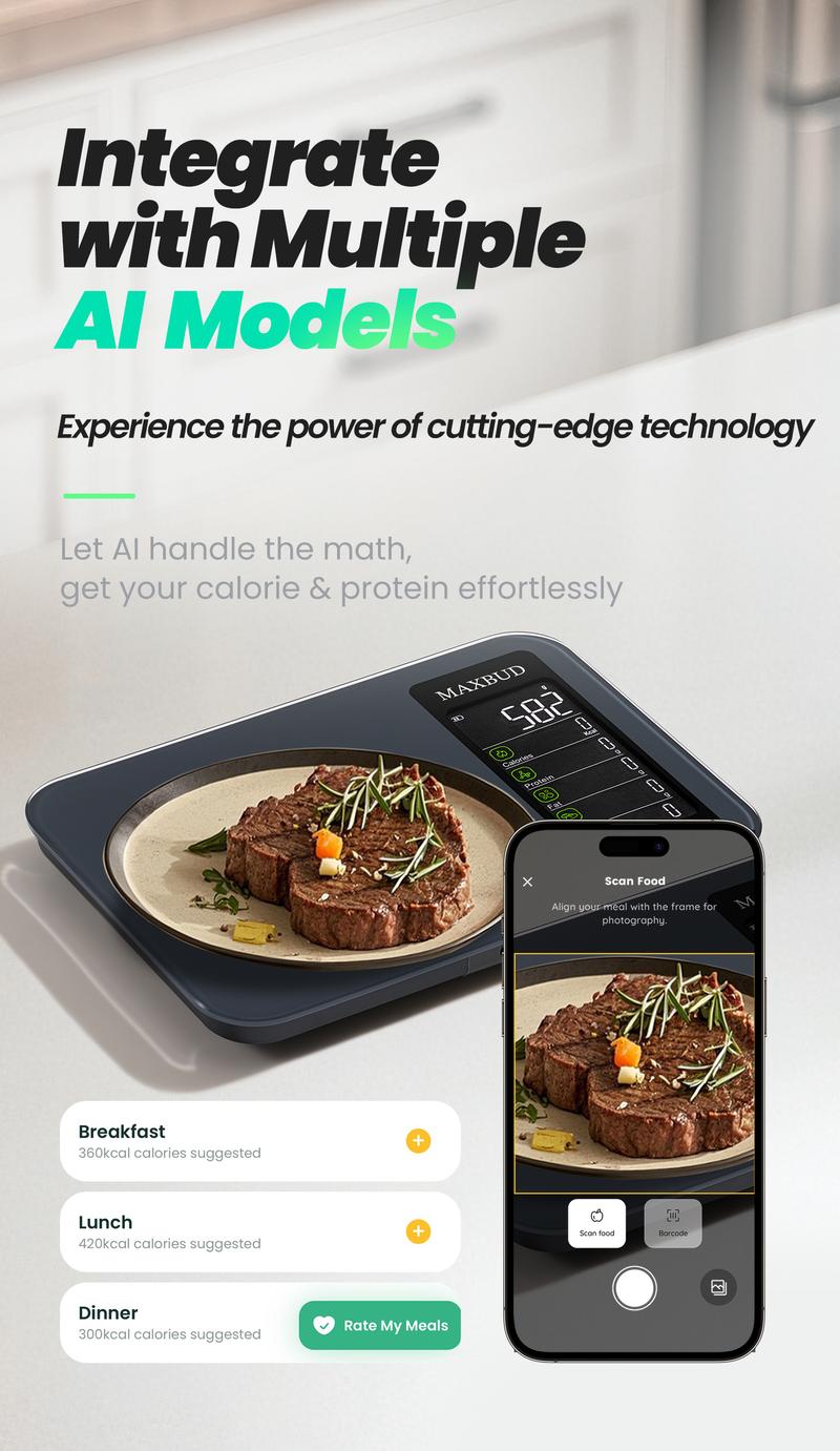 MAXBUD AI Nutrition Scale with APP Function, Food Ai Scanning for 19 Nutrients, Rechargeable Glass Design for Fitness & Travel, Food Nutritional Scale